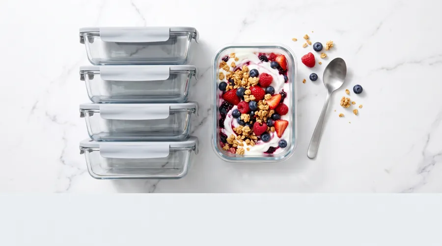 Greek yogurt parfait meal prep containers with berries and granola