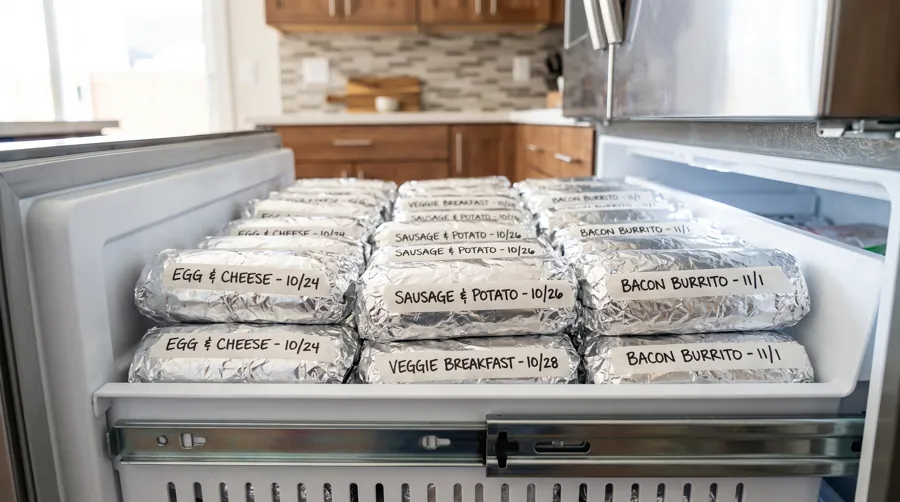homemade freezer breakfast burritos wrapped in foil with handwritten labels in a kitchen freezer drawer