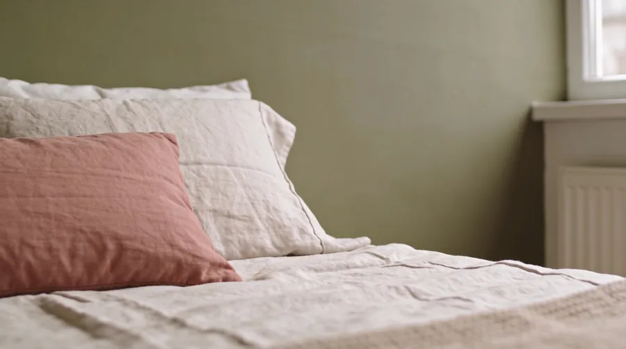 Bedroom styled with the 60-30-10 palette: muted sage walls, soft linen bedding, and a single blush accent cushion