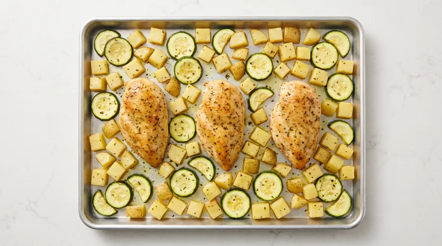 garlic chicken breasts with Yukon Gold potatoes and zucchini on a sheet pan for meal prep