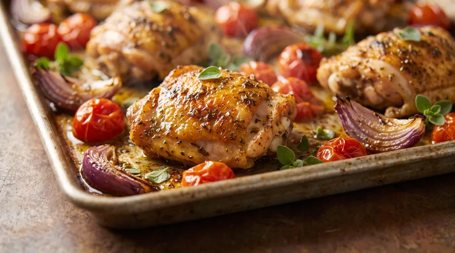 sheet pan Greek chicken thighs with burst tomatoes and caramelized onions for meal prep