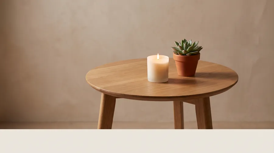 warm cozy home with candle and small succulent on a wooden side table