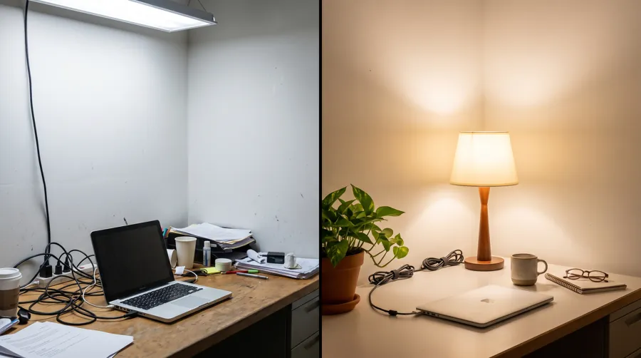home office transformation before and after showing warm lighting and plant on wooden desk