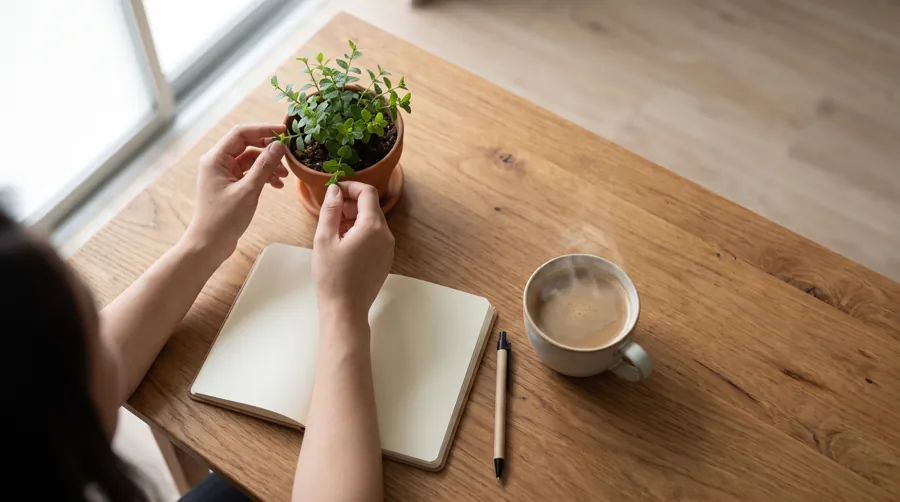 person working at a cozy home office desk with warm natural light and a potted plant nearby