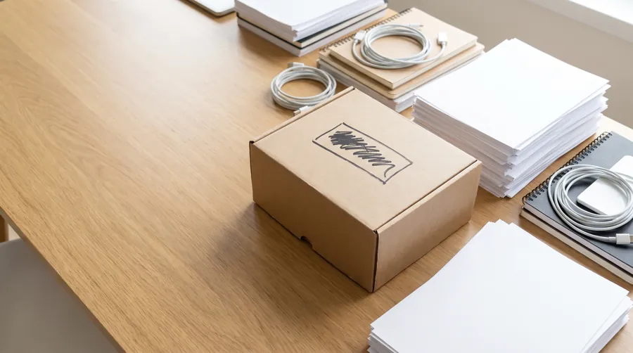 home office desk being decluttered with sorted cables papers and a donate box on the floor