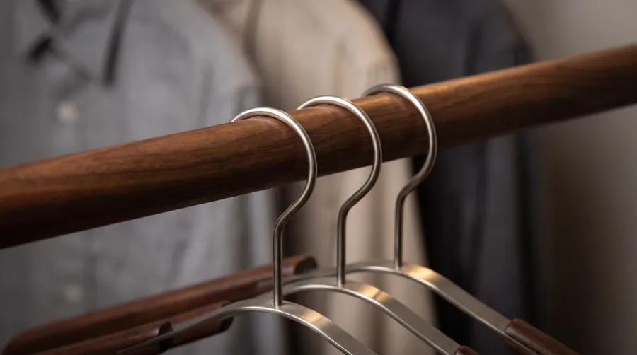 reversed clothing hangers in a closet as a declutter technique to identify unworn clothes