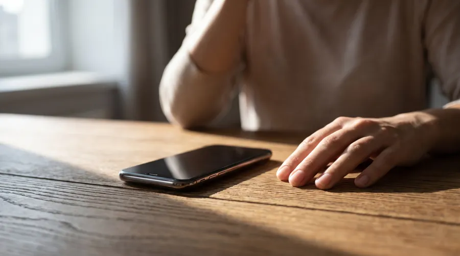person at a tidy desk with a decluttered phone and organized workspace