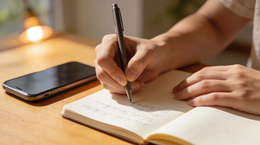 person writing a short list of low dopamine activities in a notebook with a pen, phone set aside