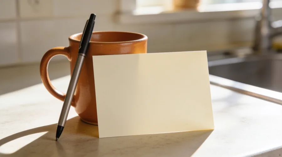 index card dopamine menu template propped on a kitchen counter with courses and time limits written out
