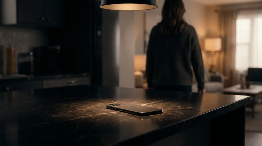 person placing their phone face-down in the kitchen as part of an evening wind-down routine