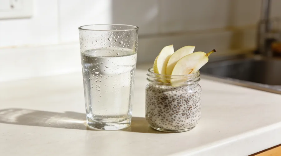 Glass of water beside a bowl of chia pudding and fresh pear slices on a kitchen counter, showing hydration paired with high-fiber food