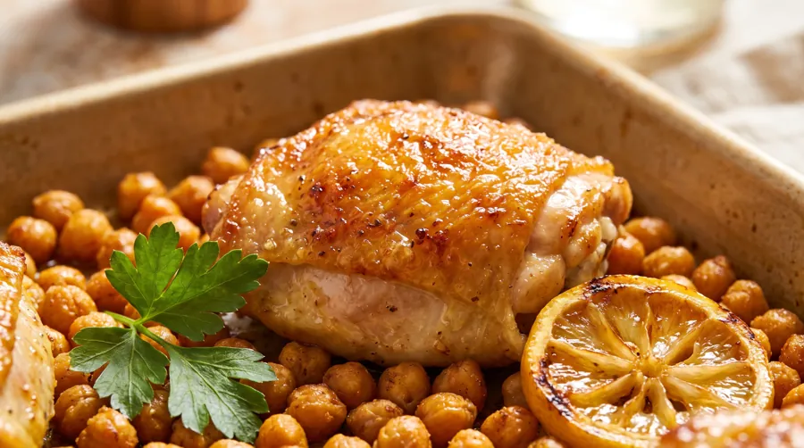 sheet pan lemon herb chicken thighs and crispy roasted chickpeas for high-protein meal prep