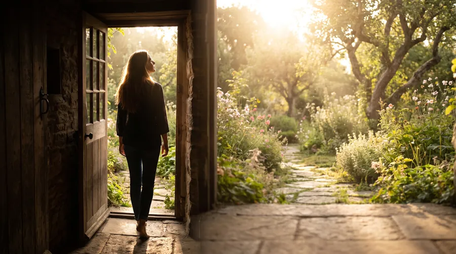 person stepping outside in morning sunlight for natural light exposure as part of a low-dopamine morning routine