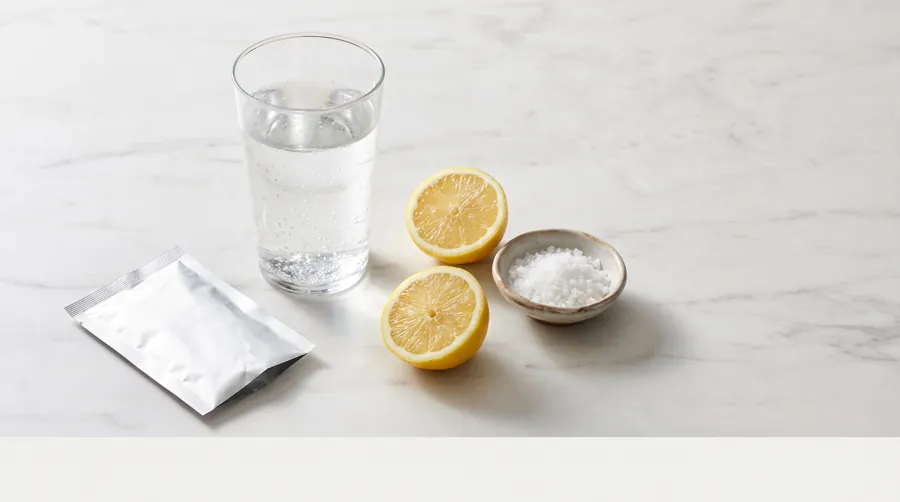 morning hydration setup with water, lemon, sea salt, and electrolyte supplement on a kitchen counter