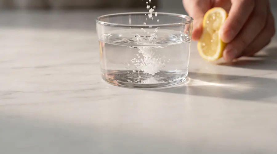pinch of sea salt dissolving in a glass of water with lemon being squeezed in, morning electrolyte preparation