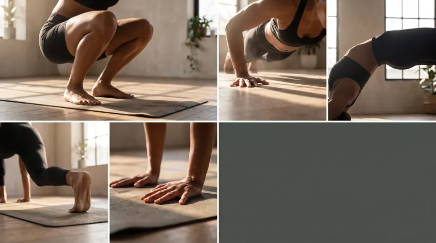 five bodyweight exercises in a 15-minute morning workout routine with no equipment