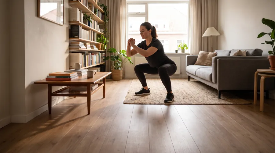 person doing bodyweight squats in a small apartment as part of a 15-minute morning workout routine