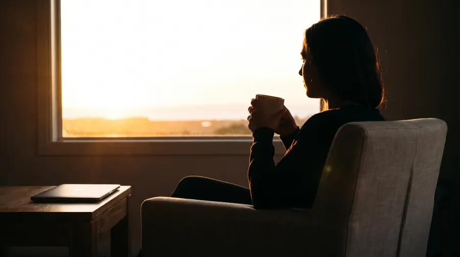 person practicing slow living by closing their laptop and looking out the window with a cup of tea