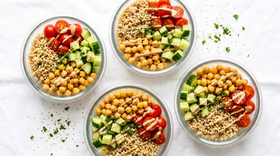 vegetarian grain bowl meal prep containers with roasted chickpeas, quinoa, cucumber, and tahini dressing