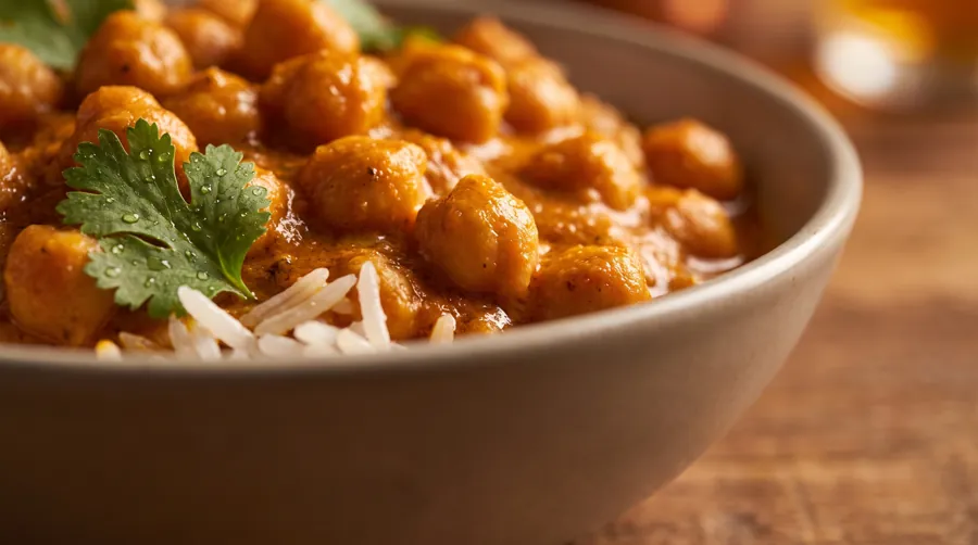 chickpea tikka masala in a deep red-orange sauce over basmati rice for vegetarian dinner meal prep