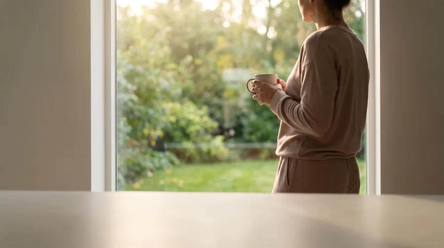 Person pausing with morning coffee to reflect on their day and intentions before it starts